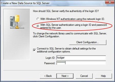 11. Click on the radio button (as shown below) so that SQL Server will prompt for a password.