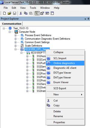Section 2 800xA IEC61850 OPC Server Diagnostic AE Client Select the object, right-click IEC 61850 Server object and then select Online Diagnostics (see Figure 41)