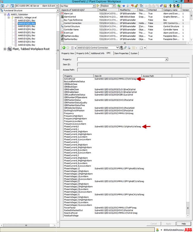 Section 3 800xA IEC 61850 Uploader IEC 61850 Uploader Options Figure 76 shows the alphabetical order of Property and item IDs in the Control Connection Aspect