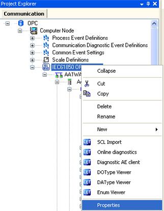 Section 2 800xA IEC61850 OPC Server Adding OPC Server Object 8. Right-click OPC Server instance and select Properties. Figure 15. Properties Selection 9. In the right-side pane, under Basic: a.