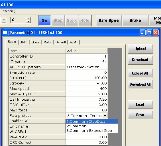 7 If the set values are recorded, select [1: Basic + step data] of the Parameter Protect of basic parameters, and click on Download.