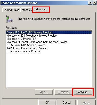 Once the Phone and Modem Options Window opens, click on the Advanced tab and highlight Avaya