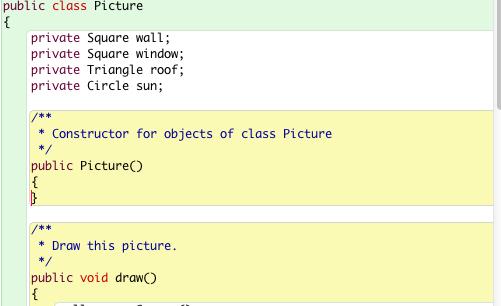 Picture object source code Source code Java text Defines fields and methods private Square wall; public void draw(); When source code