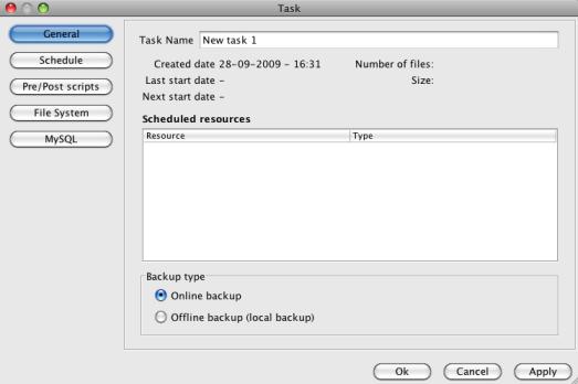 5.2.1. Create or change backup task To create or change a backup task: Create task Here you can make a choice between a online backup or a offline backup Click on New Task to create a new backup task.