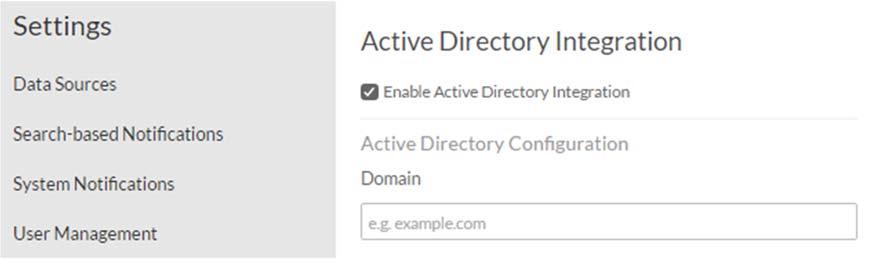 2. Select the Enable Active Directory Integration check box. A form appears containing the following text boxes: 3. Fill in the text boxes and click Save.