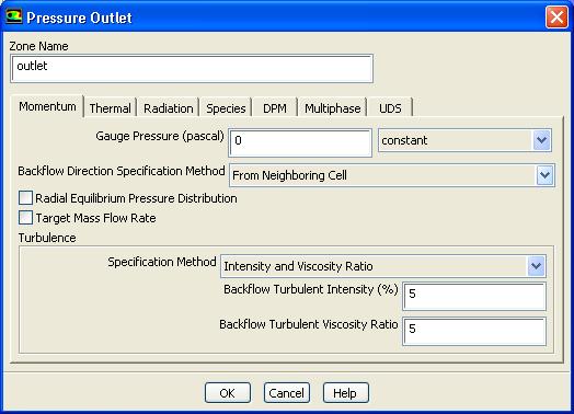 3. Set the boundary conditions for the exit boundary (outlet). Boundary Conditions outlet Edit... (a) Select From Neighboring Cell from the Backflow Direction Specification Method drop-down list.
