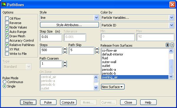 (a) Click the Define... button to open the Graphics Periodicity dialog box. i. Select fluid from the Cell Zones selection list. ii. Retain the selection of Rotational in the Periodic Type list. iii.