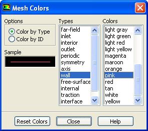 2. Display the mesh. General Display... (a) Enable Faces in the Options group box. (b) Select only atomizer-wall, central air, and swirling air from the Surfaces selection list. (c) Click the Colors.