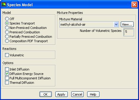 3. Enable chemical species transport and reaction. Models Species Edit... (a) Select Species Transport in the Model list. (b) Select methyl-alcohol-air from the Mixture Material drop-down list.