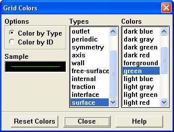 ii. Select surface in the Types list and green in the Colors list. Scroll down the Types list to locate surface.