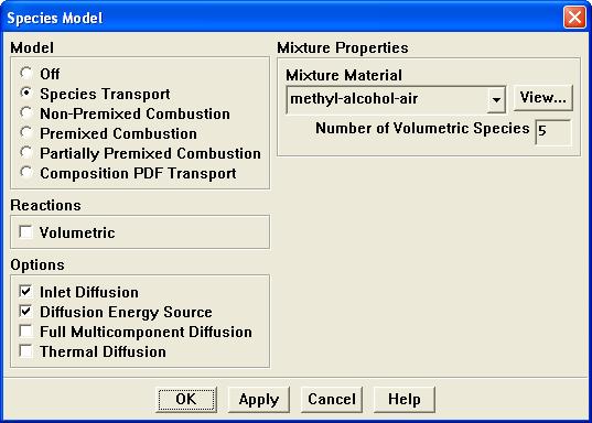 4. Enable chemical species transport and reaction. Define Models Species Transport & Reaction... (a) Select Species Transport in the Model list.