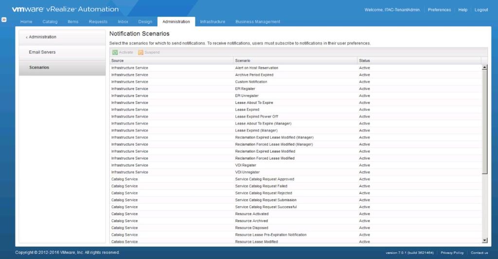 4. Subscribe to notifications from vrealize Automation. a.