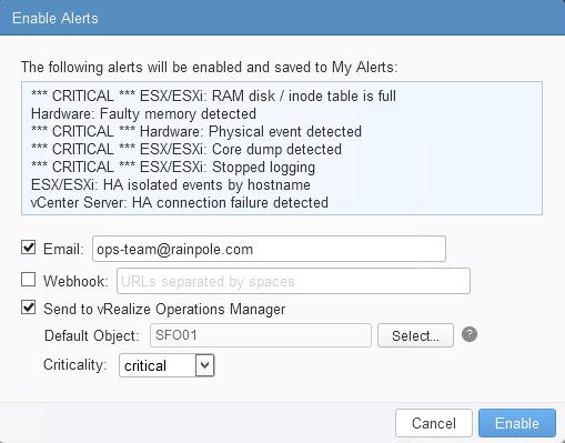 6. In the Alerts dialog box, set the Raise an alert option for each enabled