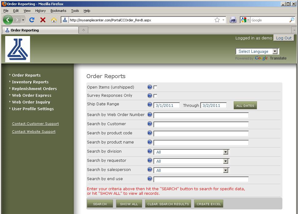 Order Reports page Enter or select criteria in the fields above to limit search results, or hit Show All to display all data.