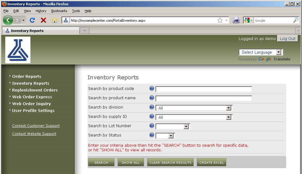 Inventory Reports page Enter or select criteria in the fields above to limit search results, or hit Show All