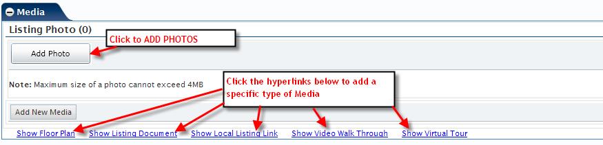 The LISTING section enables you to add the following Media types: - Photos - Floor Plans - Listing Document - Video