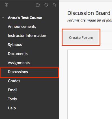 1. Click the Discussions menu item 2. If you have previously created groups, go to the groups to create a discussion board from the Course Tools area and choose Discussion Board. 3.