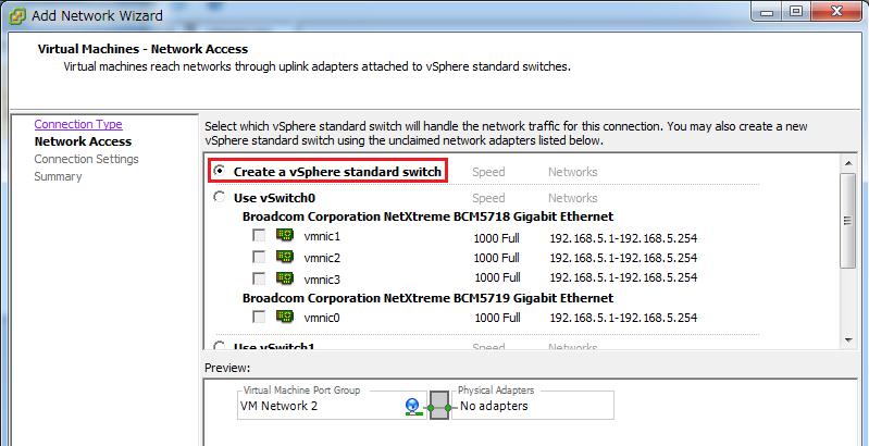 Choose [Create a vsphere standard switch] and click [Next]. You do not need to choose [vmnic] at this point. Fig.