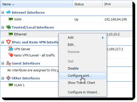 1. In the Kerio Control administration interface, go to Interfaces. 2. Right-click the interface. 3.