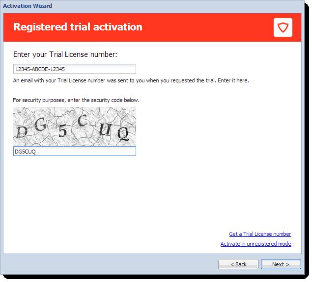 1. Click Trial in the Licensing dialog. 2. In the Registered trial activation dialog, type your trial license number. If you do not have a license number, click Get a Trial License number link. 3.