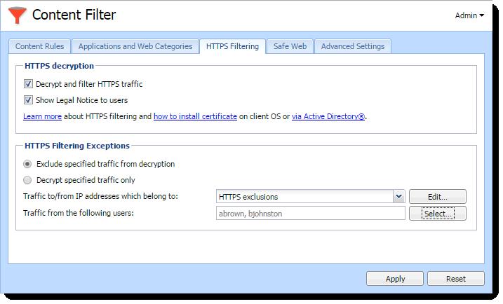 Configuring HTTPS filtering To start HTTPS filtering: 1. Go to Content Filter > HTTPS Filtering in the administration interface. 2. Select Decrypt and filter HTTPS traffic. 3.
