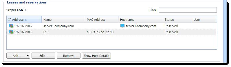Adding reservations 1. In the administration interface, go to DHCP Server. 2. In the Leases and reservations table, click Add > Add Reservation. 3. Type a name of the reservation. 4.