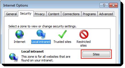 Click the Security tab 3. Select Local Intranet. 4. Click Sites 5. In the Local Intranet dialog box, click Advanced. 6. Add the Kerio Control server name to the list of trusted servers.