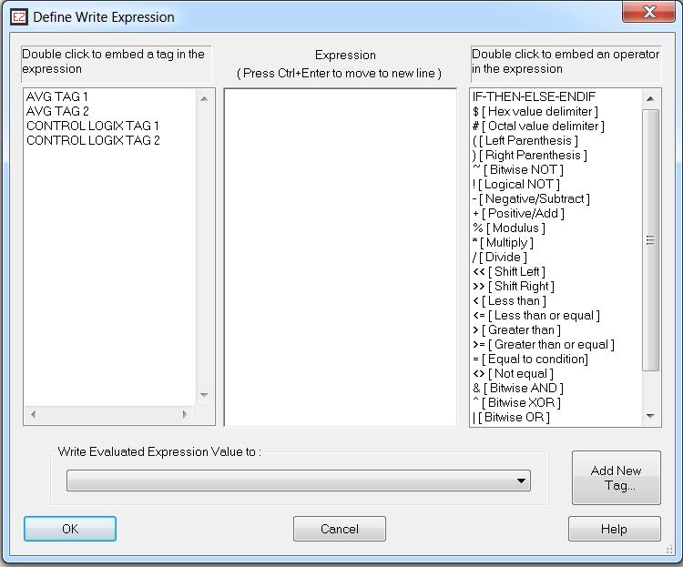 4. In the Define Write Expression dialogue box you can define the expression: a. Click in the middle column to type in a Constant. b. Double click on a Tag in the list on the left hand column to insert it into an Expression.
