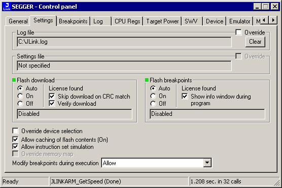 152 CHAPTER 5 5.8.1.3 J-Link control panel Log file: Shows the path where the J-Link log file is placed. It is possible to override the selection manually by enabling the Override checkbox.