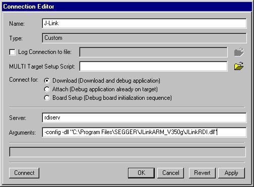 300 CHAPTER 12 Setup for various debuggers 5. Confirm the choices by clicking the Apply button after the Connect button. 6. The J-Link RDI Configuration dialog will open.