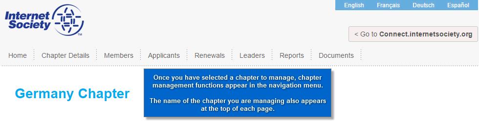 Chapter Administration Menu Once you have selected a chapter to manage, the navigation