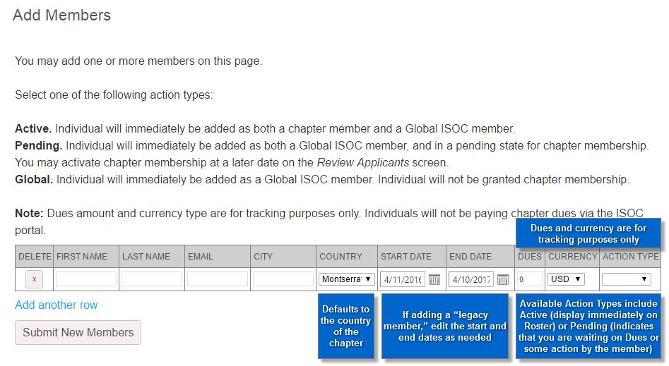 Adding Members The Add Members page allows you to add members by manually entering a member s information into the table displayed on this page.