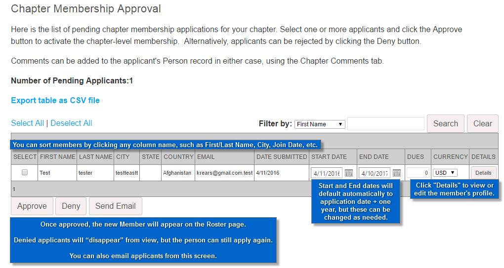 Approving Chapter Members The Chapter Membership Approval page shows all potential members