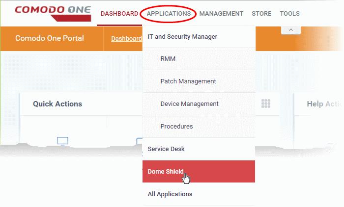 Login to your C1 account at https://one.comodo.com/app/login. To start the application, click 'Applications' > 'Dome Shield' the Comodo One console 1.