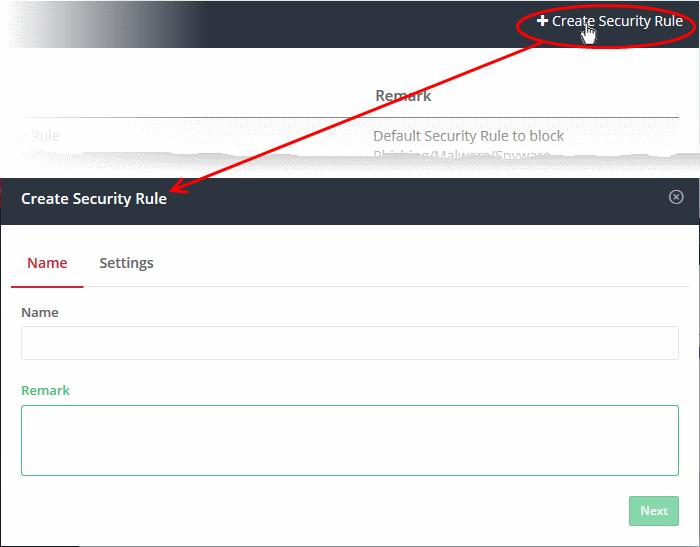 Delete a security rule Creating a new security rule Click 'Configure' > 'Policy Settings' > 'Security Rules' Click ' + Create Security Rule' at the top-right Enter an appropriate name for the rule in