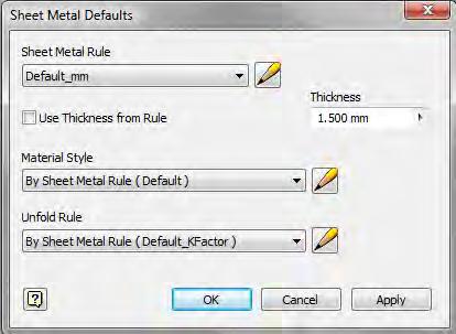 Use sheet metal defaults to activate a specific sheet metal rule or to quickly override a rule setting, such as thickness,