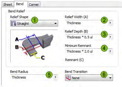 Sheet Metal Rule: Bend Tab The following options are available in the Style and Standard Editor, Sheet Metal Rule, Bend tab: Relief Shape: Select a relief shape that is created for all features that