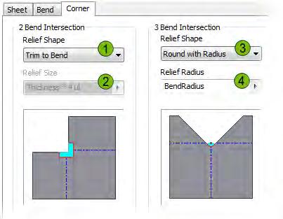 Sheet Metal Rule: Corner Tab The following options are available in the Style and Standard Editor, Sheet Metal Rule, Corner tab: Two Bend Intersection Relief Shape: Select a shape that defines the