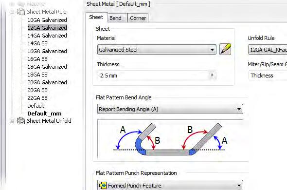 In the following illustration, the Style and Standard Editor is shown with multiple sheet metals rules defined.
