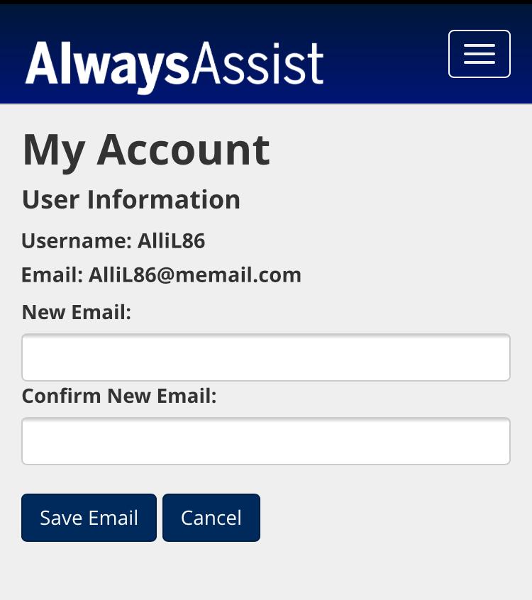 Tap the Change Security Question button to open the Change Security Question screen to perform steps to update your AlwaysAssist account security question and security question answer.