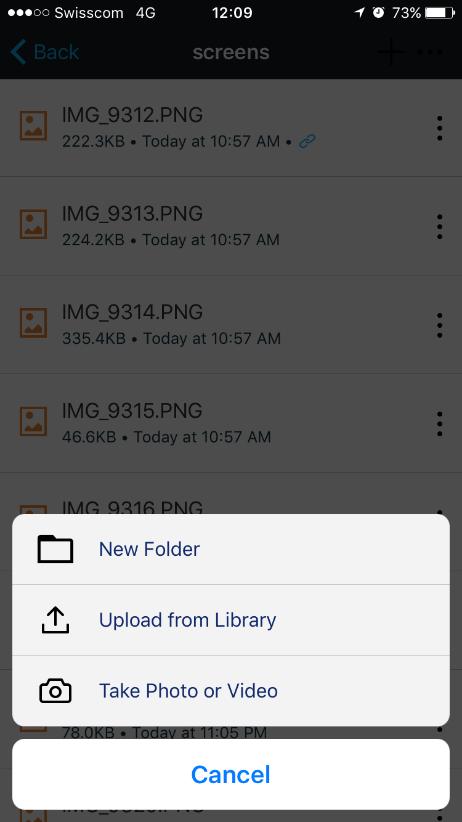 To upload a photo or video from the mobile device to the Storebox Portal: 1. Navigate to the folder where you want the uploaded item. 2. Tap in the top right corner.