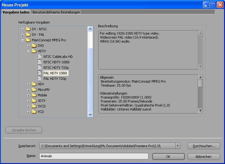 Choose the MPEG Pro HD preset you want, specify the project file name and path, and click OK.