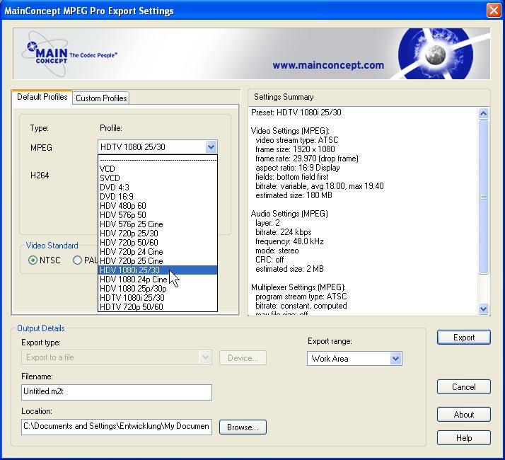 The Default Profiles window allows easy selection of frequently-used MPEG and H.264 presets, and in some cases these may be all the settings you need to change.