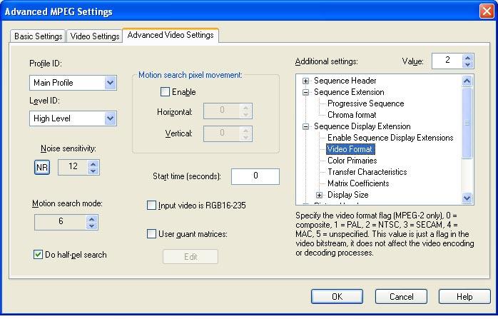 The Advanced Video Settings Pane This pane offers professional settings which should not be changed if you are creating MPEG streams for VCD, SVCD or DVD.