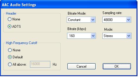 The AAC Audio Settings This dialog offers professional adjustments for AAC audio export. Using the Header function you can specify the header type you want to use for encoding.
