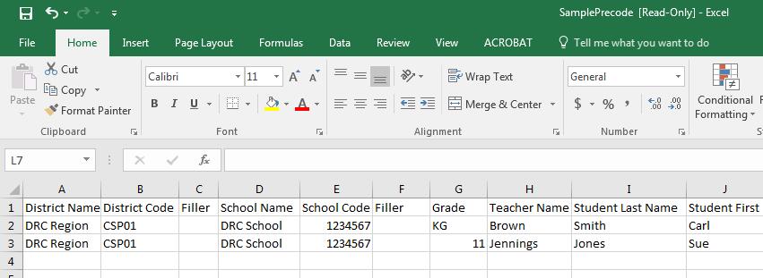 Student File Upload Upload a Student Precode File (contd). 4. Click the Sample File link to download or display the Sample Precode spreadsheet file.