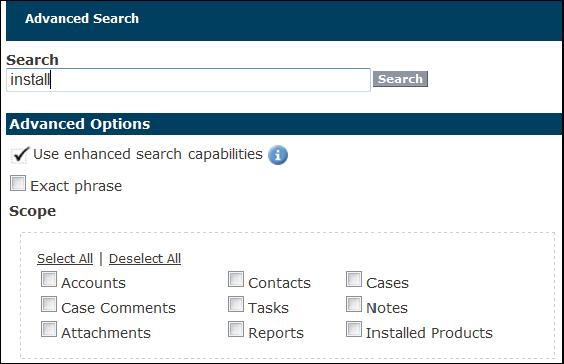 FICO Online Support User s Guide Figure 8: Performing an advanced search 3 If you did not use quotation marks in the Search box but you want to search for the exact phrase that you entered, select