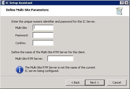 Enter the name and password for the CIC server and the name of the Multi-Site Server (see figure). Then click Next. The server names must be integers from 1 through 999.