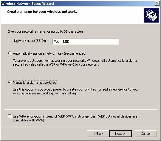 Select Manually assign a network key. Click Next. On the next screen, you will enter the WEP key that was generated during the router setup.