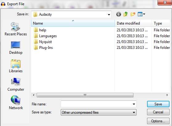 7. For Save As Type, select Other compressed files. 8. Click Options. 9. For Encoding, select U-law. Click OK. 10.. Select the directory in which to save the recording and then click Save.